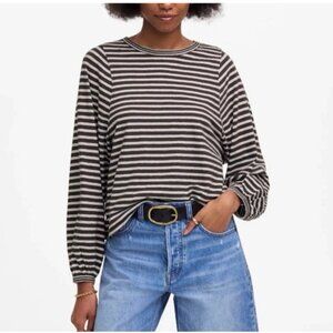 Madewell Long Balloon-Sleeve Crewneck Tee Gray White Stripe Relaxed Fit Size XS